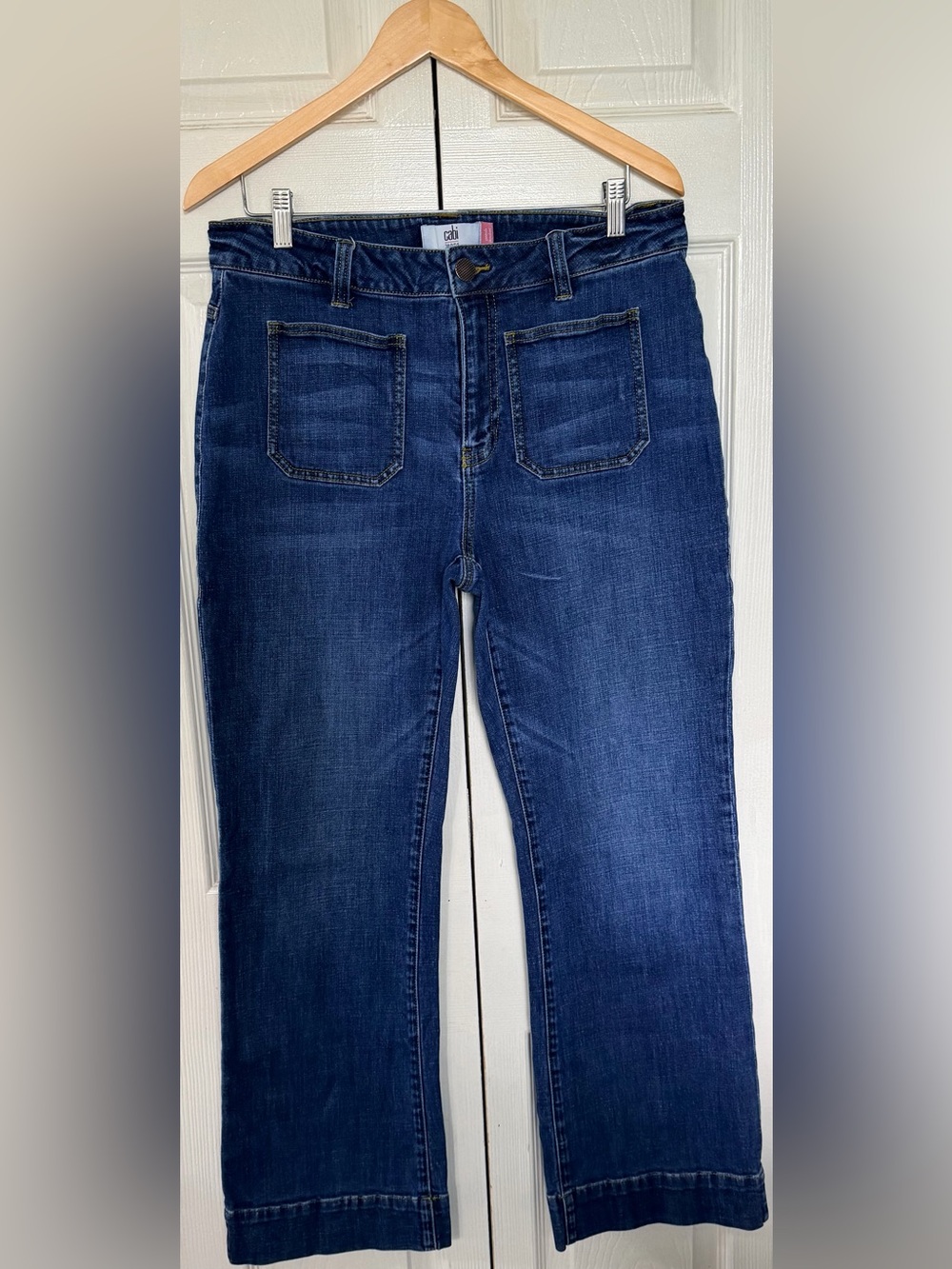 CAbi Patch Pocket Jeans Size 12 Wide Leg Ankle Denim Stretch Dark Wash
